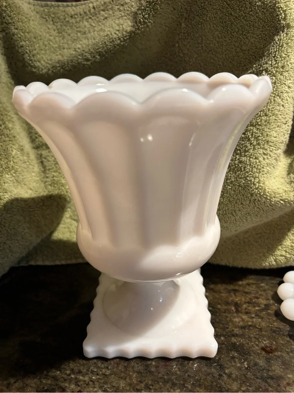 White Scalloped Milk Glass Pedestal Vase - Picture 3 of 5